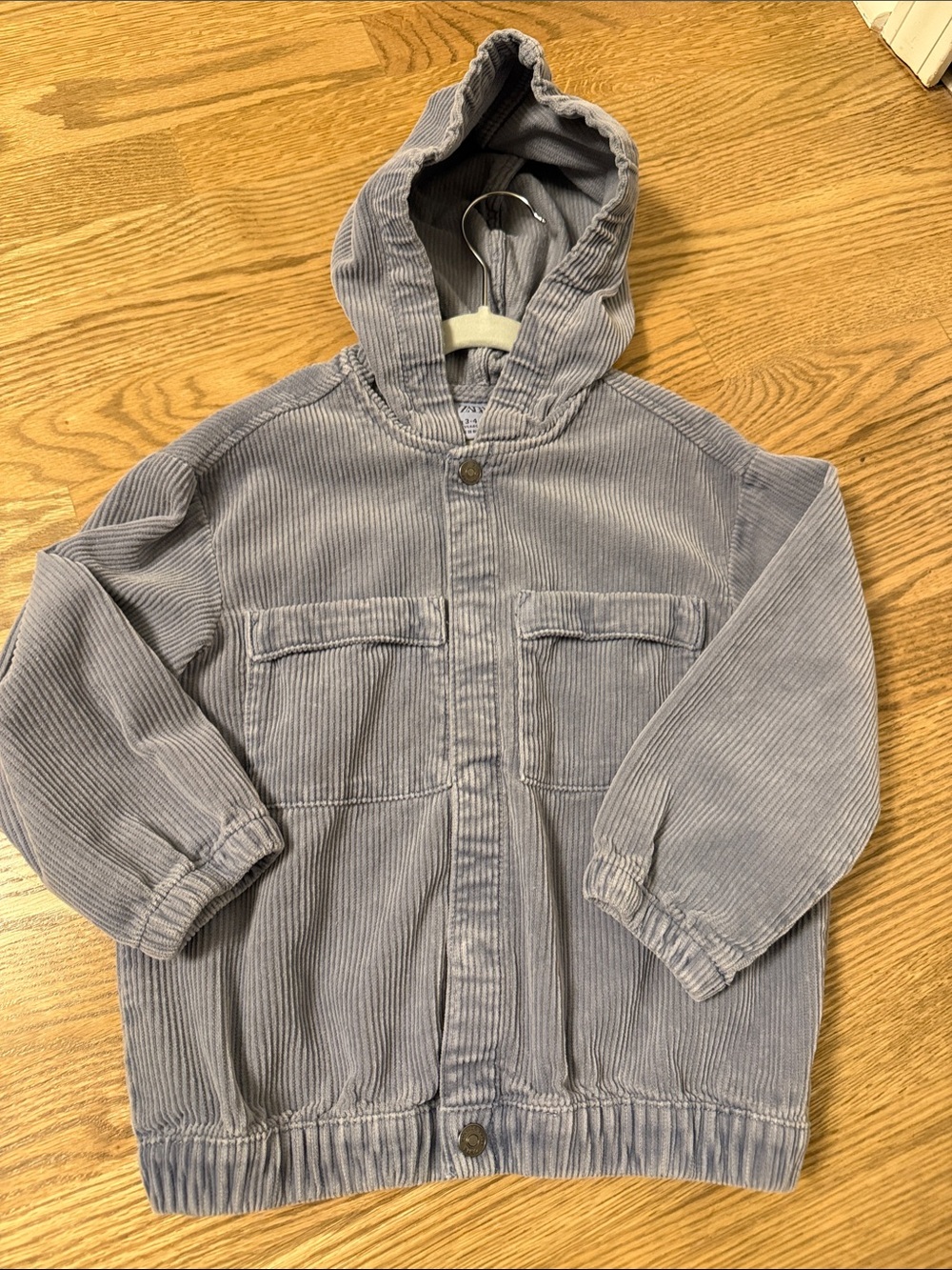 Zara Kids Hooded Corduroy Jacket - Light Gray Blue Size 3-4 years